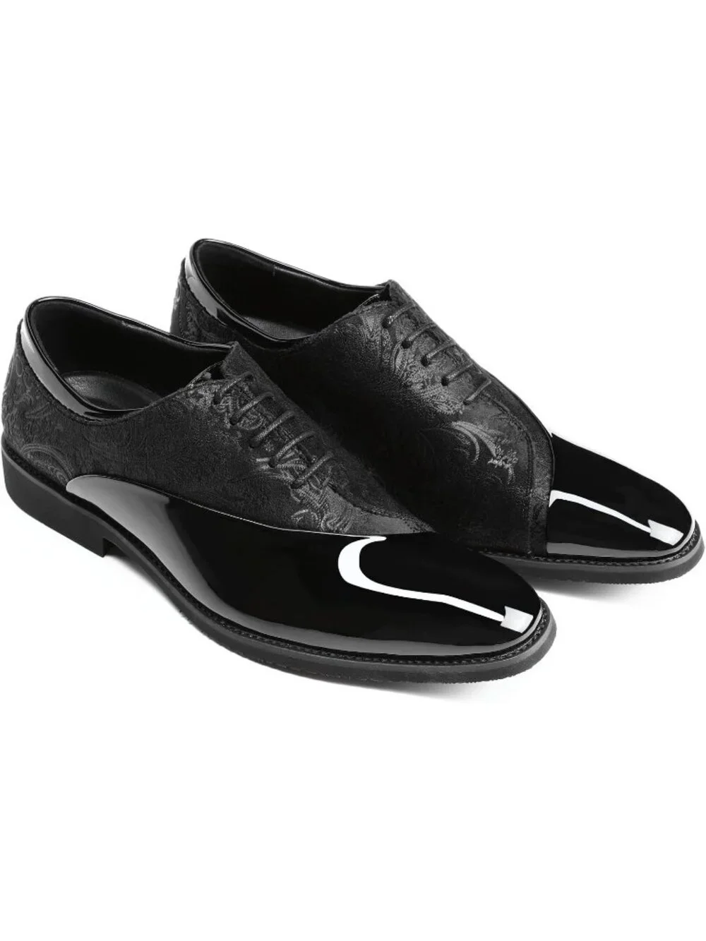 Men's Black Elegant Rubber Sole Lace Up Patent Velvet Tuxedo Formal Oxford Shoes